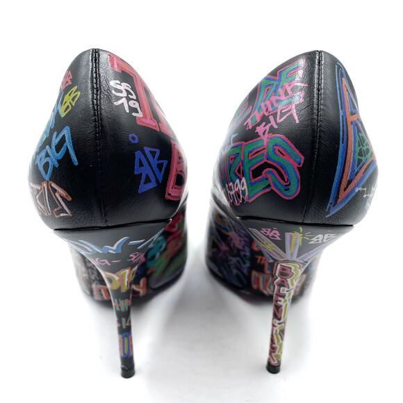 Balenciaga Graffiti Knife Pumps Black Leather Heels Pointed Sz 37.5 / 7.5 US - Picture 9 of 12